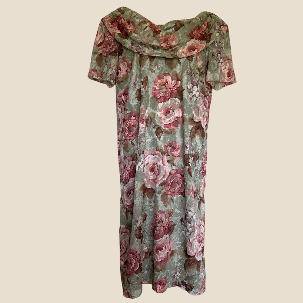 Helene Blake Floral Cowl Neck Dress 18 Rose VTG 90s Formal Special Occasion
